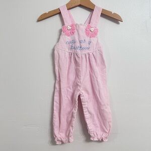 Vintage cute as a button striped bow overalls pink size 3-6 months